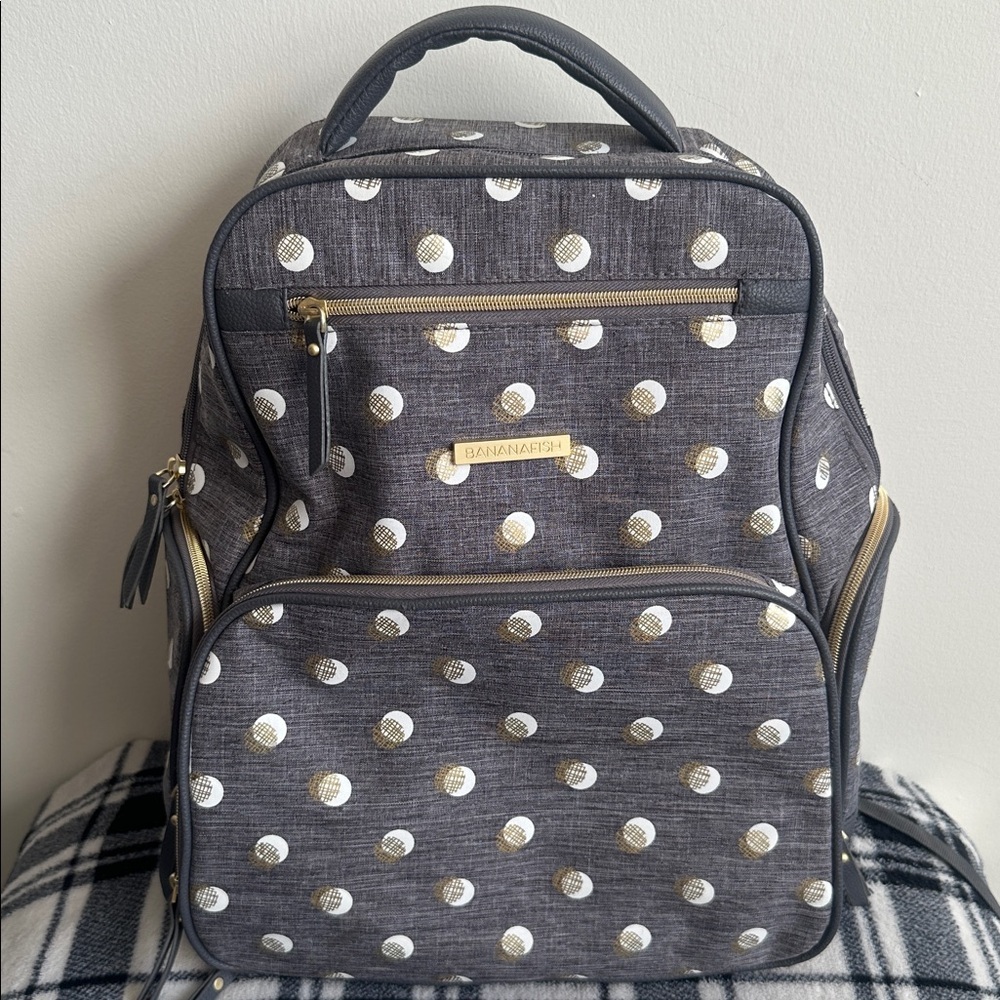 BANANAFISH Gray with White & Gold Polka Dot Diaper Bag